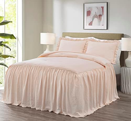 Chezmoi Collection Sinclair 3-Piece Ruffle Skirt Bedspread Set - French Country Chic Farmhouse - King, Blush