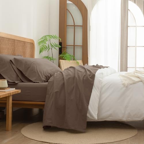 BESTOUCH Full Washed Cotton Linen Feel Sheet Set 4 Pcs Pine Bark Brown