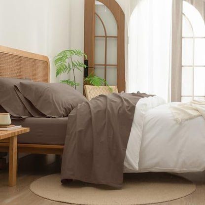 BESTOUCH Queen Washed Cotton Linen Feel Sheet Set 4 Pcs Pine Bark Brown