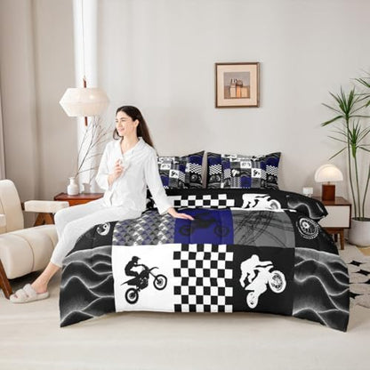 Erosebridal Dirt Bike Full Comforter Set 7 Pieces, Motocross Rider Bed in A Bag, Motorcycle Grunge Bedding Set with Comforters, Sheets, Pillowcases Motorbike Extreme Sport Game Buffalo Plaid