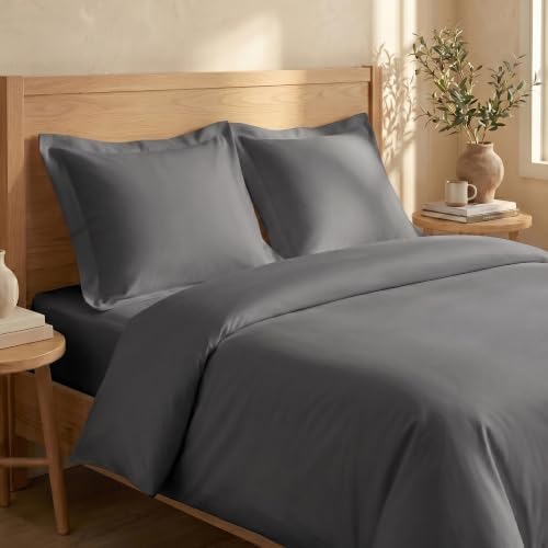 BIOWEAVES 100% Organic Cotton Twin/Twin XL Duvet Cover Set, 2-Piece, 300 Thread Count Sateen Weave GOTS Certified Comforter Cover with Buttoned Closure and 1 Pillow Sham – Stone, 66x90 inches