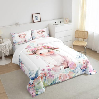 Feelyou Cute Sheep Comforter Set King Size Kids Cartoon Animal Comforter for Boys Girls Teens Flower Floral Print Bedding Set Farm Zoo Garden Theme Duvet Set Room Decor Quilt Set