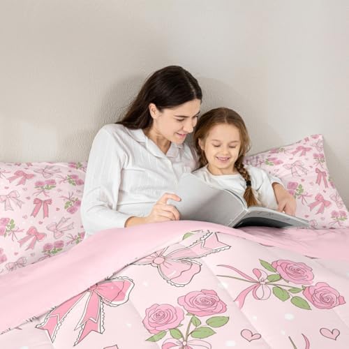Castle Fairy Pink Bowknot Queen Size Comforter Set,Vintage Farmhouse Kawaii Pink Roses Duvet Insert for Kids Teens Adults,Romantic Princess Style Bedding Comforters for Bedroom Decor,3 Pcs