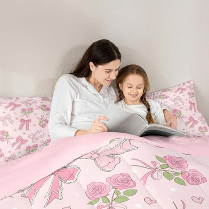 Castle Fairy Pink Bowknot Queen Size Comforter Set,Vintage Farmhouse Kawaii Pink Roses Duvet Insert for Kids Teens Adults,Romantic Princess Style Bedding Comforters for Bedroom Decor,3 Pcs