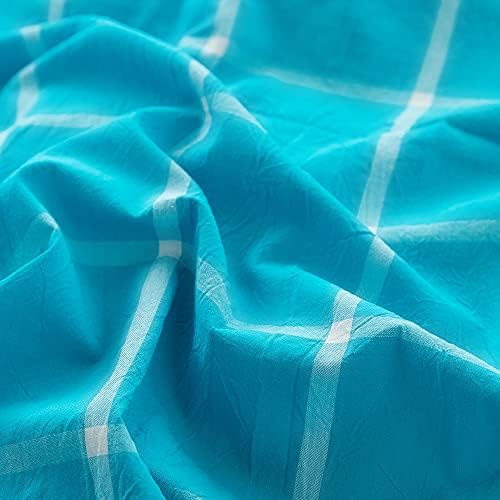 FACE TWO FACE Bedding Duvet Cover Set100% Washed Cotton Duvet Cover Linen Like Textured Breathable Durable Soft Comfy (King, Turquoise Grid)