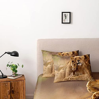 Animal Lions Pattern Duvet Cover Set Queen Size Wild Lion Comforter Covers and Pilliw Shams Camel Color Bedding Sets Romantic Jungle Theme Bedroom Deco Gift