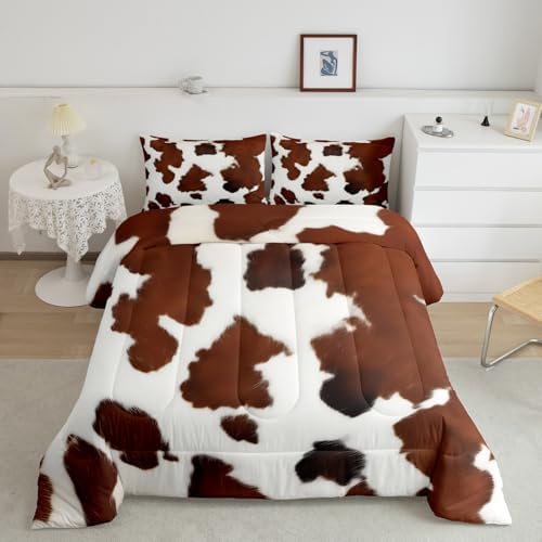 Erosebridal Cowhide Comforter Set for Kids Boys, Cute Brown White Cow Bedding Set King Size, Farm Animal Skin Down Comforter Western Cowboy Country Duvet Sets Farmhouse Decoration