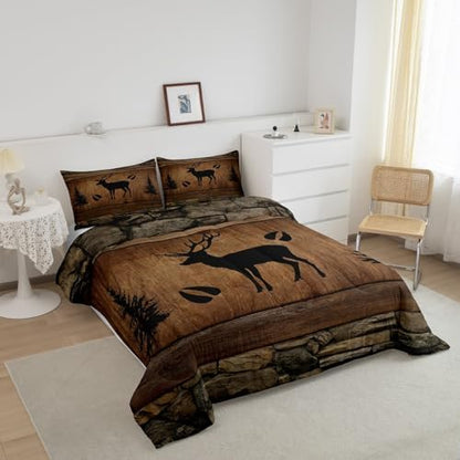 Manfei Rustic Deer Comforter Set Queen Size, Black Trees Deer Paw Print Down Comforter with 2 Pillowcases, Brwon Wooden Plank Bedding Set 3pcs for Kids Boys Room Decor Wild Animal Duvet Insert