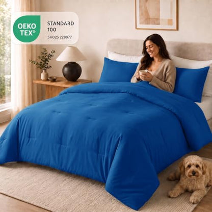 CozyLux Full Comforter Set, 3 Pieces Down Alternative Bedding, Classic Blue