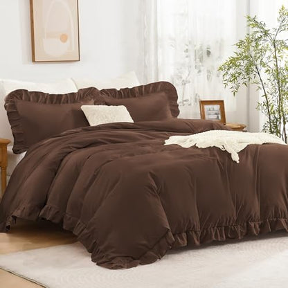 Andency Brown Ruffle Duvet Cover King, Shabby Chic Farmhouse Bedding Set