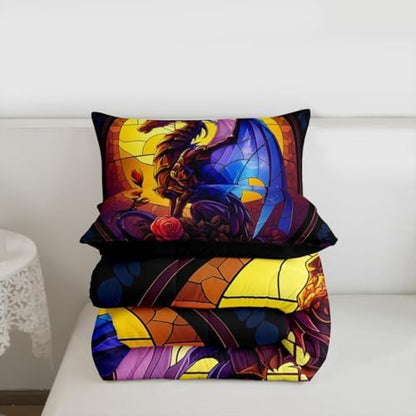 Feelyou Dragon Bedding Set Soft for Boys Girls, Dragon Stuff Comforter Set King Size Wild Life Duvet Quilt Microfiber Jungle Dino Bedroom Decor Black Yelllow 3 Pcs with 2 Pillow Cases