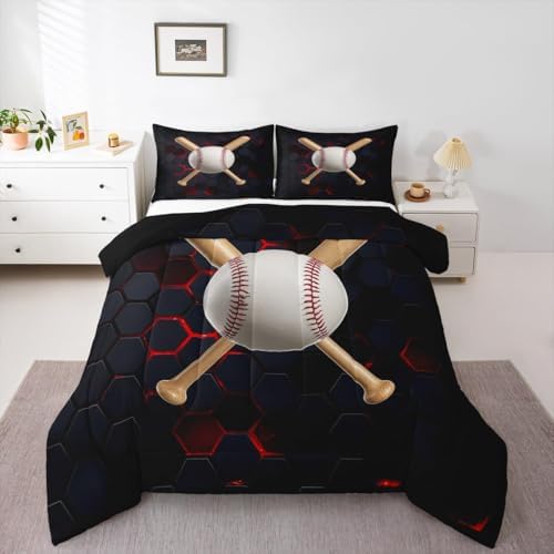 Castle Fairy Boys Baseball Twin Size Comforter Set,Kids Ball Games Theme Decor All Season Bedding Set,Teens Softball Comforter,Children Honeycomb Decor Quilt Set Bedroom Collection 2Pcs