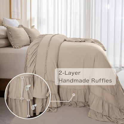 Masaca Oversized King Comforter 128x120,Farmhouse Shabby Boho Chic Ruffled Bedding Comforter Set,Extra Large King Size Ruffle Comforter Sets Vintage French Country Bedding Set Ultra Soft