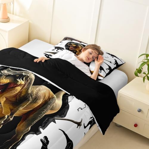 Feelyou Kids Dino Kids Comforter Set Full Size Dinosaur Bedding Set Ancient Jungle Dinosaur Duvet Quilt for Kids Boys Girls Bedroom White Cartoon Animals Decor Microfiber Ultra Soft Breathable