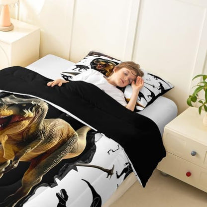 Feelyou Kids Dino Kids Comforter Set Full Size Dinosaur Bedding Set Ancient Jungle Dinosaur Duvet Quilt for Kids Boys Girls Bedroom White Cartoon Animals Decor Microfiber Ultra Soft Breathable