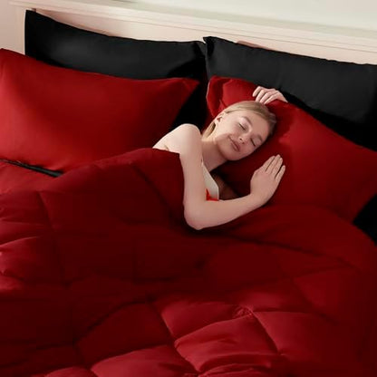 ELNIDO QUEEN® Full Size Bed in a Bag 7 Pieces - Red and Black Bed Comforter Set Full Size, All Season Bedding Sets with Reversible Comforter, Flat Sheet, Fitted Sheet, Pillowcases and Pillow Shams