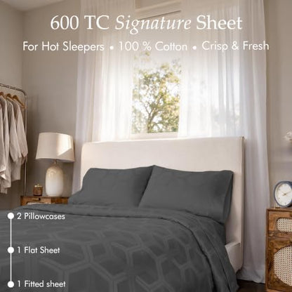 Threadmill 100% Cotton Sheets for Full Size Bed - 600 Thread Count Full Bed Sheets Set with 16” Deep Pocket - Jacquard Sateen Weave 4-Piece Bedding Set with Cooling Effect, Dark Grey