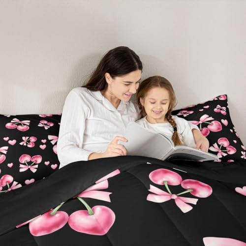 Cherry Bowknot Kids Comforter Set Full Size,Pink Bow Tie Butterfly Knot Princess Bedding Set,Girls Boys Room Decor,Love Heart Geometric Patchwork Quilt Comforter,Dreamy Duvet Insert,2 Pillowcases