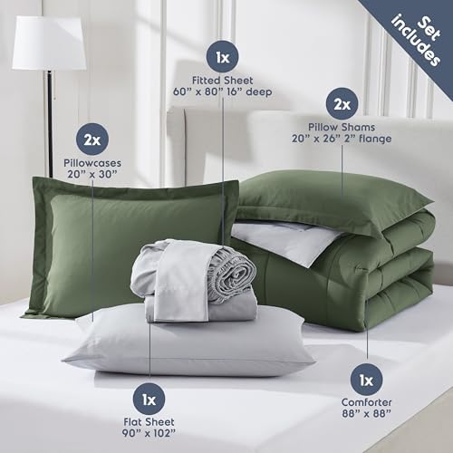 Nestl 9 Piece Queen Comforter Set – Olive Green Reversible Bed in a Bag – Complete Queen Size Bedding Set with Sheets, Set of 2 Down Alternative Pillows, Pillowcases and Shams