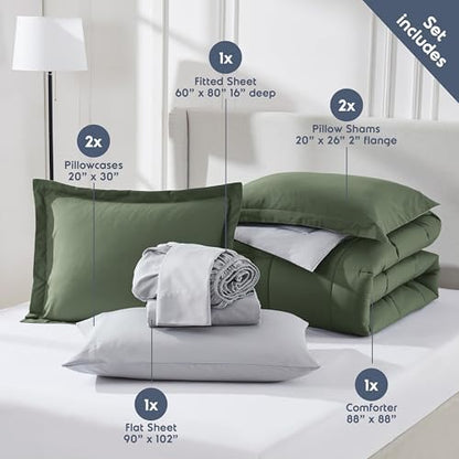 Nestl 9 Piece Queen Comforter Set – Olive Green Reversible Bed in a Bag – Complete Queen Size Bedding Set with Sheets, Set of 2 Down Alternative Pillows, Pillowcases and Shams