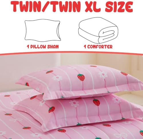 Yibeizi Pink Strawberry Comforter Set for Girls Twin Bow Striped Bedding