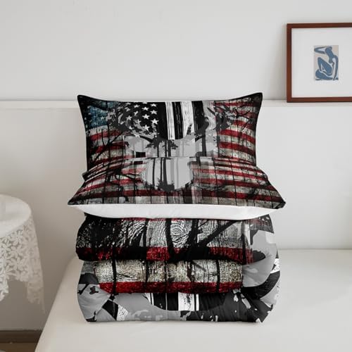 Feelyou American Flag Deer Antlers Bedding Set Hunting Camping Comforter Set for Kids Boys Girls USA Flag Comforter Tree Branch Inner Fill Duvet Set 1 Comforter Set with 2 Pillowcases Queen Size