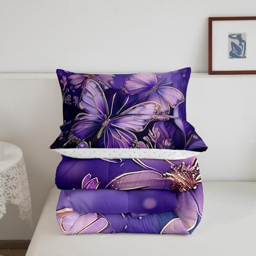jejeloiu Purple Butterfly Comforter Set Queen Size Kids Floral Flower Bedding Set for Boys Girls Teens Boho Butterfly Duvet Breathable Animal Quilt Bedroom Decor,1 Comforter with 2 Pillowcase
