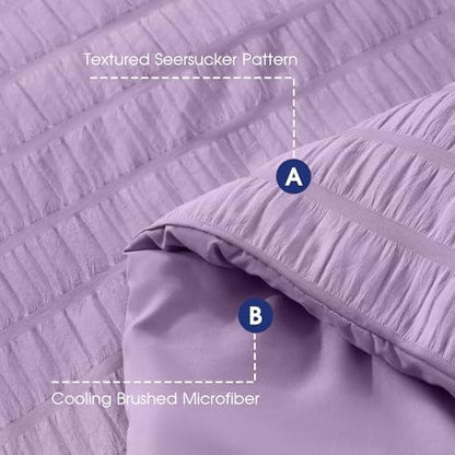 FreshCulture Comforter Set Seersucker 7 Pieces, All Season Bedding Set King, Bed in a Bag Comforter Set with 1 Comforter, 1 Flat Sheet, 1 Fitted Sheet, 2 Pillowcases and 2 Pillow Shams, Purple