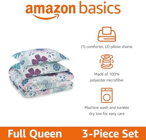 Amazon Basics 3-Piece Soft, Plush Microfiber Kids' Comforter and Pillow Sham Set, Full/Queen, Purple Flowers, Bluish Pink, Floral