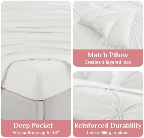 JOLLYVOGUE Twin Comforter Set 5 Pieces - Bed in a Bag Twin for All Season, Pintuck Bedding Comforter Sets with Comforter, Flat Sheet, Fitted Sheet and Pillowcases & Shams, White