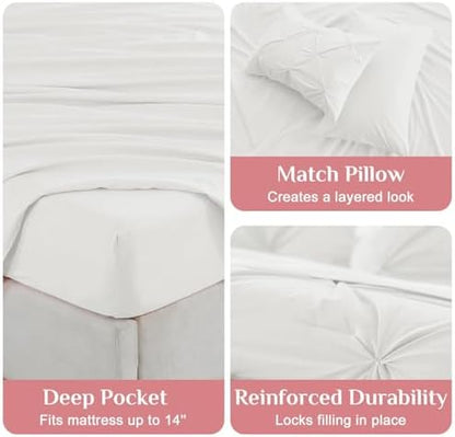 JOLLYVOGUE Twin Comforter Set 5 Pieces - Bed in a Bag Twin for All Season, Pintuck Bedding Comforter Sets with Comforter, Flat Sheet, Fitted Sheet and Pillowcases & Shams, White