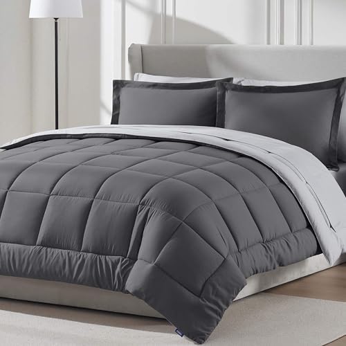 Nestl 9 Piece King Comforter Set – Dark Grey Reversible Bed in a Bag – Complete King Size Bedding Set with Sheets, Set of 2 Cooling Pillows, Pillowcases and Shams