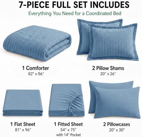 HIMEET Full Comforter Sets, 7-Piece Seersucker Bed in a Bag, Grayish Blue