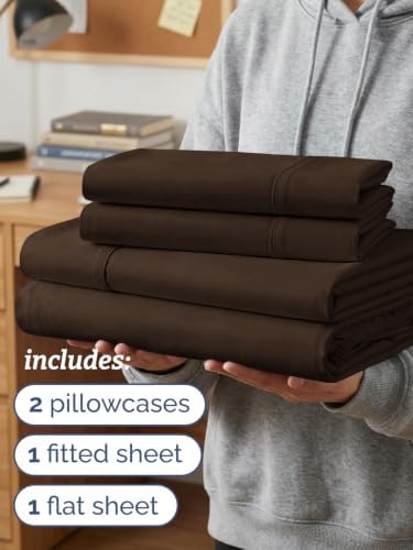 Twin XL 4 Piece Sheet Set - College Dorm Room Essentials - Chocolate Brown