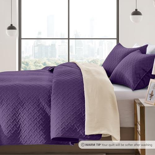 FLYMME Quilts Queen Size,Lightweight Purple Bedspreads,Basket Weave Pattern,Ultra Soft Microfiber Bed Coverlet 3 Pieces for All-Seasons (1 Quilt,2 Shams)