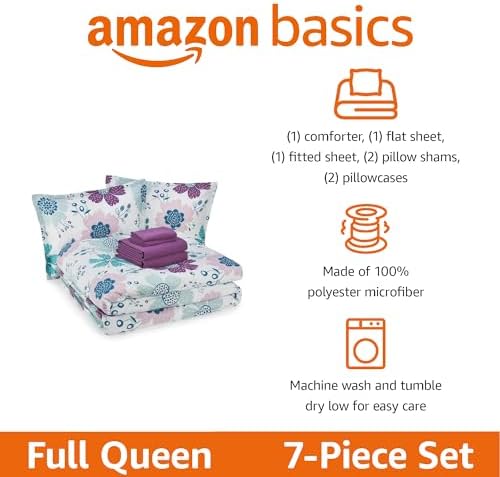 Amazon Basics 7-Piece Microfiber Kid's Comforter Bed-in-a-Bag Bedding Set with Sheets, Full/Queen, Bluish Flowers