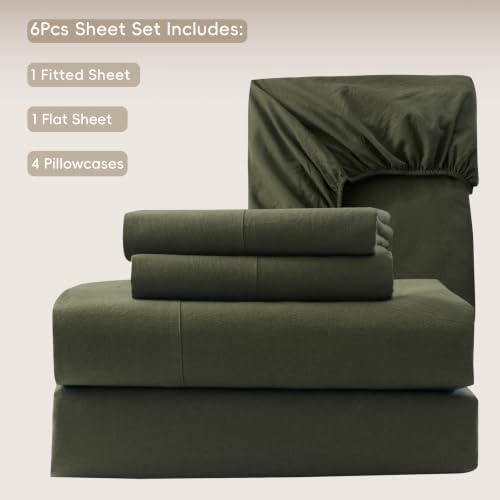 MooMee Sheet Set 100% Washed Cotton Linen-Like Extra Deep Pocket Queen