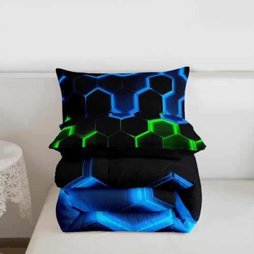 Castle Fairy Honeycomb Bedding Comforter Set Full Size,Hexagon Theme with Green Blue Neon Lights Quilt Set,Boys Teen Man Chic Creative Home 3pcs Duvet 2 Pillowcases,Black WWS13396ZMD-BZ USF