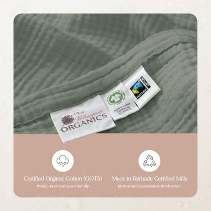100% Cotton Organic Muslin Throw Blanket for Adults GOTS & Fairtrade Certified Organic Cotton - Couch Living Room and Bedroom Decor - 4 Layer Super Soft and Cozy (Shadow, Queen)