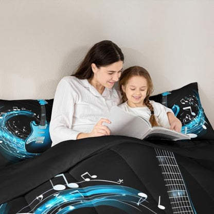 Erosebridal Guitar Comforter Set Queen,Blue Music Notes Down Comforter Rock Musical Bedding Set for Kids Boys Girls Teens,Cool Electric Instrument Hiphop Hippie Quilt Duvet Set 2 Pillow Cases Black