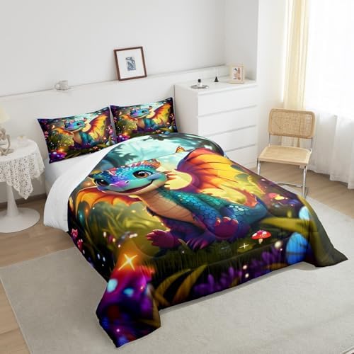 Castle Fairy Cartoon Dragon Bedding Set Twin Size Polka Dot Mushroom Comforter Set for Kids Teens Room Decor Cute Western Dragon Duvet Insert Fantasy Jungle Butterfly Down Comforter Set,2Pcs