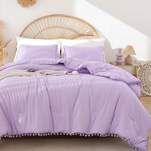YIRDDEO Twin Comforter Set - Comforter Twin Size Bed with Ball Pom Fringe, Soft Bedding Set for All Seasons - 2 Pieces, 1 Comforter (66"x90") & 1 Pillow Sham(20"x26"), Lavender Purple