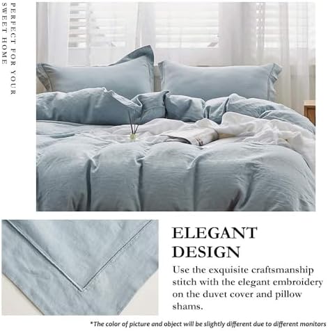 Simple&Opulence 100% Linen Duvet Cover Set with Embroidery Border Washed - 3 Pieces (1 Duvet Cover & 2 Pillow Shams) with Button Closure Soft Breathable Farmhouse - Dusty Blue, Queen Size