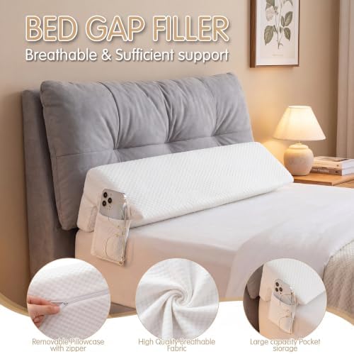 Novabright 72"x8"x5" Bed Wedge Pillow Gap Filler for Headboard Gap Filler Bed Wedge Pillow with Side Pocket Gaps Mattress Wedges Gaps Fillers to Stop Items Falling Down, Removable & Washable (White)