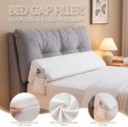 Novabright 72"x8"x5" Bed Wedge Pillow Gap Filler for Headboard Gap Filler Bed Wedge Pillow with Side Pocket Gaps Mattress Wedges Gaps Fillers to Stop Items Falling Down, Removable & Washable (White)