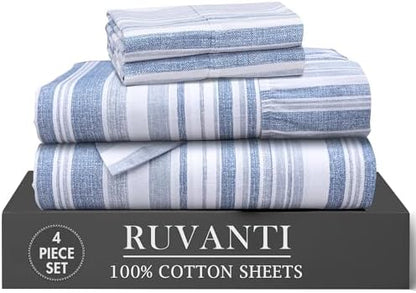 RUVANTI 100% Cotton Twin Sheets, Percale Weave Twin Sheet Set, Naval Blue