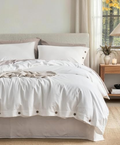 JELLYMONI 100% Washed Cotton White Duvet Cover Twin, Linen-Like
