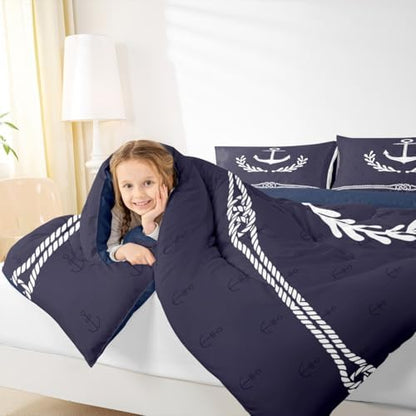 Anchor Bedding Set Queen Size,White Geometric Abstract Rope Palm Leaf Comforter Set 3pcs for Kids Boys Teens Room Decor,Nautical Adventure Quilt Set Navy Blue Duvet Insert,2 Pillowcases