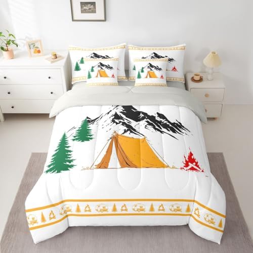 Erosebridal Rv Happy Camping Bed in A Bag Camper Decor Comforter Set with Sheets King Size for Kids Boys Teens Rustic Farmhouse 7 Piece Bedding Set Pine Tree Bonfire Bed Sets, Orange White