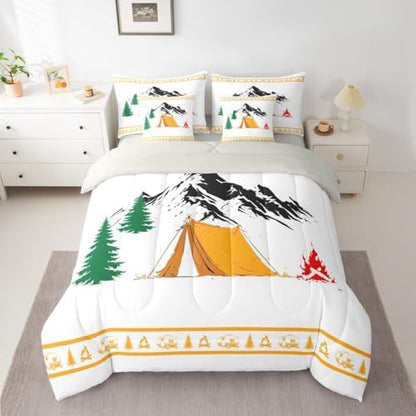 Erosebridal Rv Happy Camping Bed in A Bag Camper Decor Comforter Set with Sheets Full Size for Kids Boys Teens Rustic Farmhouse 7 Piece Bedding Set Pine Tree Bonfire Bed Sets, Orange White